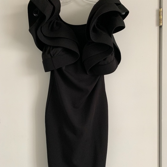 Black Low Back Dress with Puff Sleeves - Picture 1 of 3